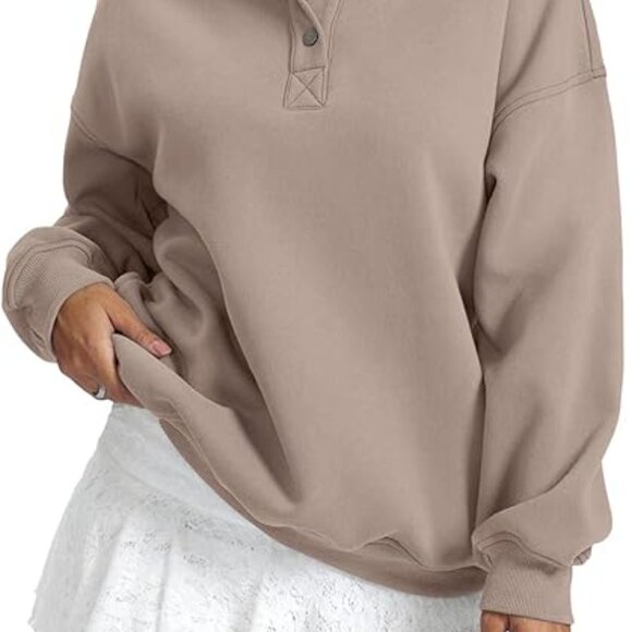 2026 Women' Fleece Sweatshirts Oversized Henley Neck Long Sleeve Pullover Tops - Picture 2 of 6